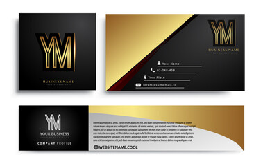 initial letter YM logotype company name colored gold elegant design. Vector sets for business identity on black background.