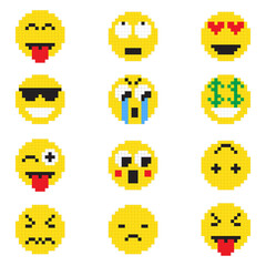 Pixel emoticon with various emotions vector image. Pixel Emoji Set.