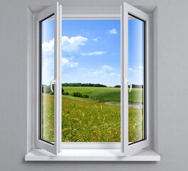  Opened plastic window new in room with view to green field. 3D Illustration.