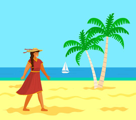 Wall Mural - Young long-haired girl in red dress, wide-brimmed hat, beige shoes walking on beach. Tanned young woman under sun. Girl in bright summer dress, with tanned skin. Palms, ocean, sailboat, sun, wind