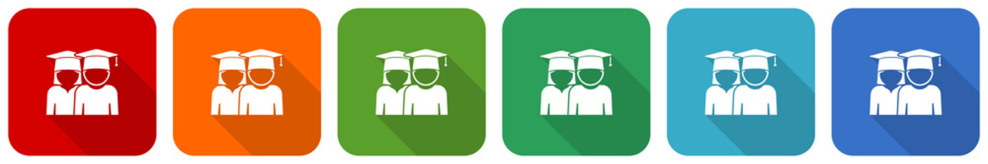 Poster - Education, educate, graduate, female and male students icon set, flat design vector illustration in 6 colors options for webdesign and mobile applications