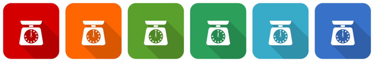 Aufkleber - Kitchen weight, scale, measure, measurement icon set, flat design vector illustration in 6 colors options for webdesign and mobile applications