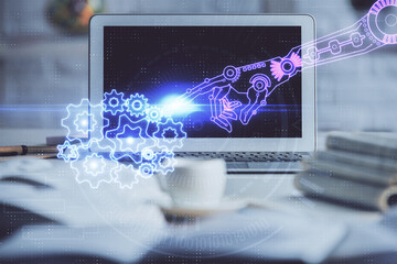 multi exposure of desktop computer and technology theme hologram. concept of software development.