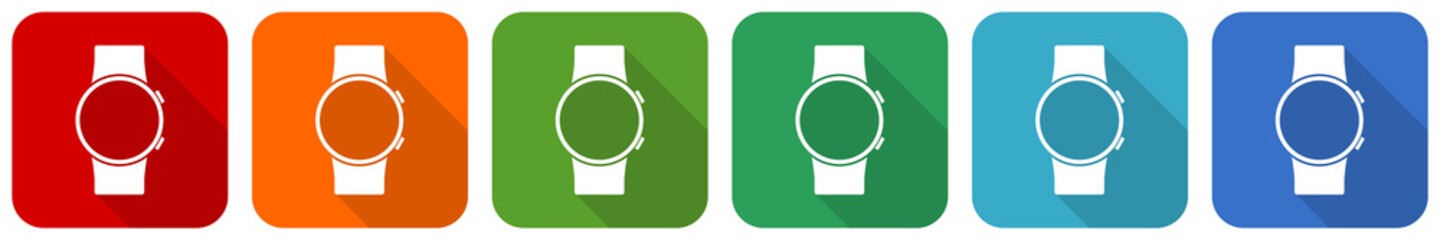 Aufkleber - Smartwatch, smart watch icon set, flat design vector illustration in 6 colors options for webdesign and mobile applications