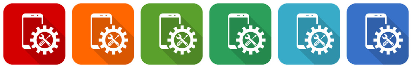 Leinwandbilder - Mobile phone, smartphone service icon set, flat design vector illustration in 6 colors options for webdesign and mobile applications