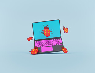 Poster - laptop with software bugs. minimal technology design isolated. 3d rendering