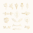 Set of golden botanical design elements. Bouquets, arrangements, flowers. Vector illustration.