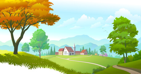 Wall Mural - A little township in the middle of green meadows and surrounded by trees and mountains.