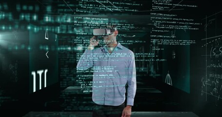 Poster - Man using VR headset against screens with mathematical diagrams and data processing