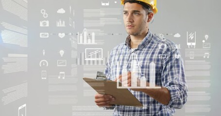 Poster - Digital interface over male architect taking notes against grey background