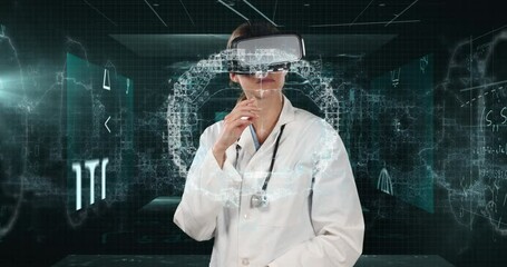 Poster - Female doctor using VR headset against screens with medical data processing and mathematical symbols