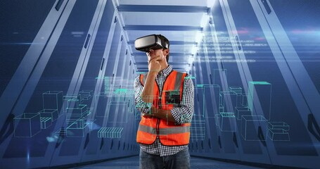 Poster - 3D city model and data processing over man using VR headset against empty server room