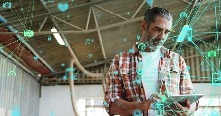 Poster - Globe of network of connections against man using digital tablet