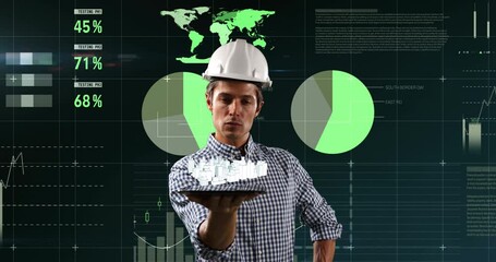 Poster - Statistical data processing against male architect holding digital 3D city model