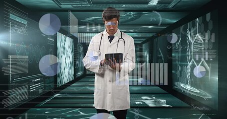 Poster - Male doctor using digital tablet against screens with medical data processing