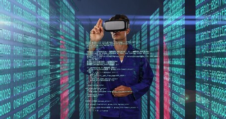 Poster - Man using VR headset against screens with cyber security data processing