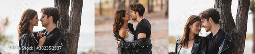 Fotografía Collage of couple in leather jackets kissing and embracing in forest