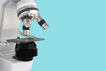 96 MPx high resolution images of lab microscope with fictive design isolated on blue - medical 3d illustration, healthcare discovery concept