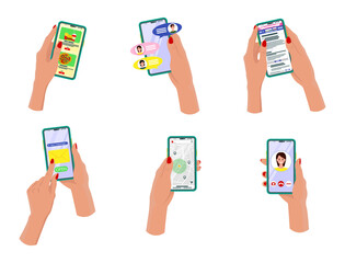 Set of Hands with phones. Hands holding smartphone. People chatting. 