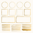 Set of golden hand drawn doodle pencil scribbles and frames. Handmade texture. Glitter shapes with rough edges. Vector isolated illustration.