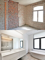 Wall Mural - Renovation of a bathroom Before and after in horizontal format