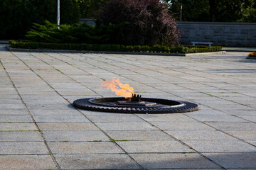 9 May, Victory Day holiday background. George ribbon and carnations, eternal flame, monument - symbol of may 9, memory of war