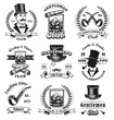 © Bro Vector - Gentlemen club emblems set. Monochrome badges templates with sirs in top hats, cigars and whiskey. Vector illustrations with text in vintage style for bar or pub emblem design