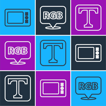 Set line Graphic tablet, Text and Speech bubble with RGB and CMYK icon. Vector.