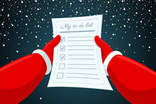 Santa Claus Hands Holding And Reading Letter To Do List Paper On Snowy Background. Christmas And Happy New Year Holiday Cartoon Vector Eps Illustration Empty Form Sheet With Check Marks
