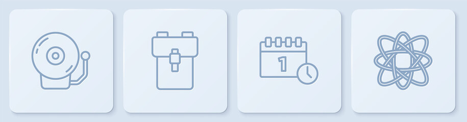 Set line Ringing alarm bell, Calendar first september date, School backpack and Atom. White square button. Vector.