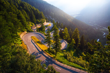 Maloja Pass road in Switzerland at sunset