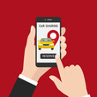 © Aleksandra - Isolated vector illustration of hands with smartphone app and motorway traffic.