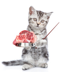 Poster - Kitten holds bowl of raw meat and points away on empty space. isolated on white background