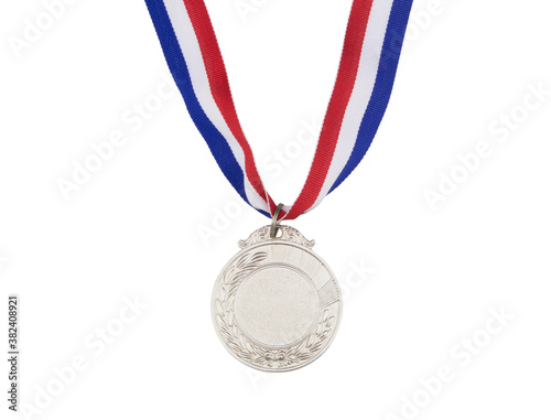 Silver medal with ribbon isolated on white background
