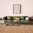 © aytek - Modern Interior Frame Mockup with Designer Sofa, Side Table, Indoor Plants and Wooden Floor.