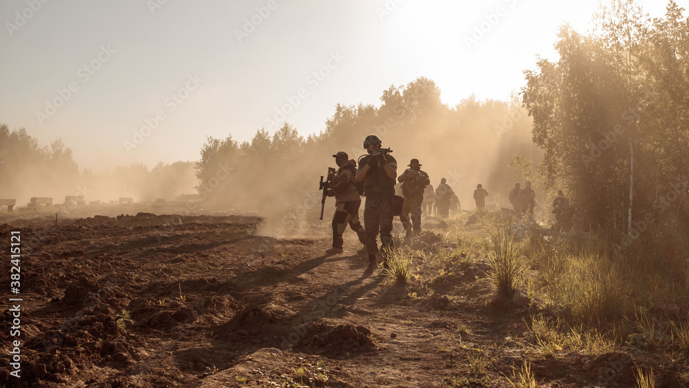 A group of soldiers goes through the field along the forest in the smoke. - obrazy, fototapety, plakaty 
