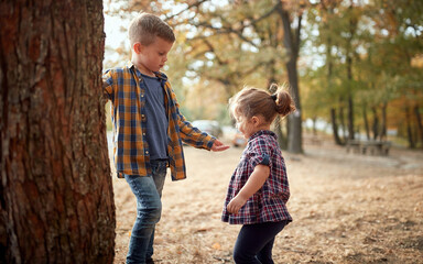 Brother and sister playing in the woods; Healthy childhood concept