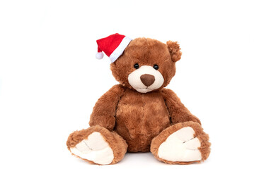 funny fluffy brown teddy bear best baby stuffed toy with small shiny black plastic eyes wearing sant