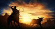 Silhouette of a cowboy riding a horse roping a calf.