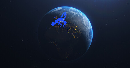 Wall Mural - planet earth from space european union map eu flag, 2020 political borders and counties, city lights
