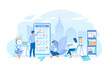 A group of people making online testing, examination. Online mobile survey testing questionnaire. Phone screen with online filling forms. Working process, teamwork communication. Vector illustration