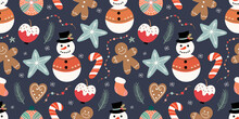 Christmas Seamless Pattern With Snowman, Candies And Gingerbread, Winter Design