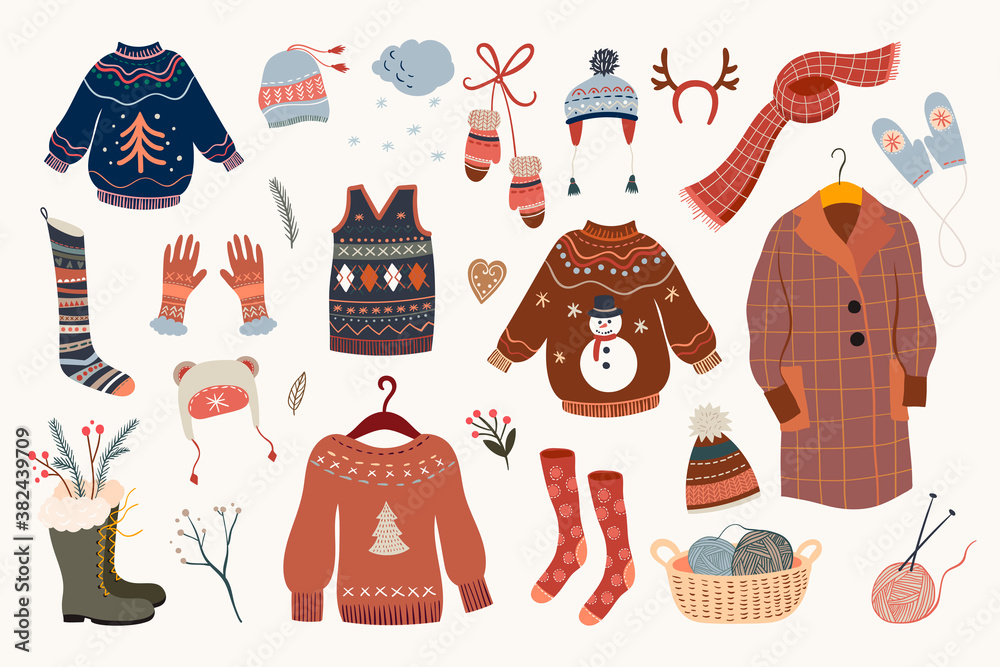 Winter Collection Theme Winter clothes collection, warm and cozy elements set, isolated on ...
