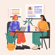 © Alice - Job interview, two happy woman have business conversation recruiter with candidate for a vacancy. Head hunter hiring, young employe in flat cartoon style, web banner, concept of vector illustration.