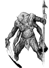 Wall Mural - 
troll orc goblin with 4 hands sword, spear and something to the bag