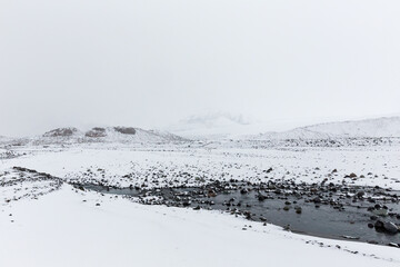 Poster - Snow covered mountains and blue river in Icelandic highlands