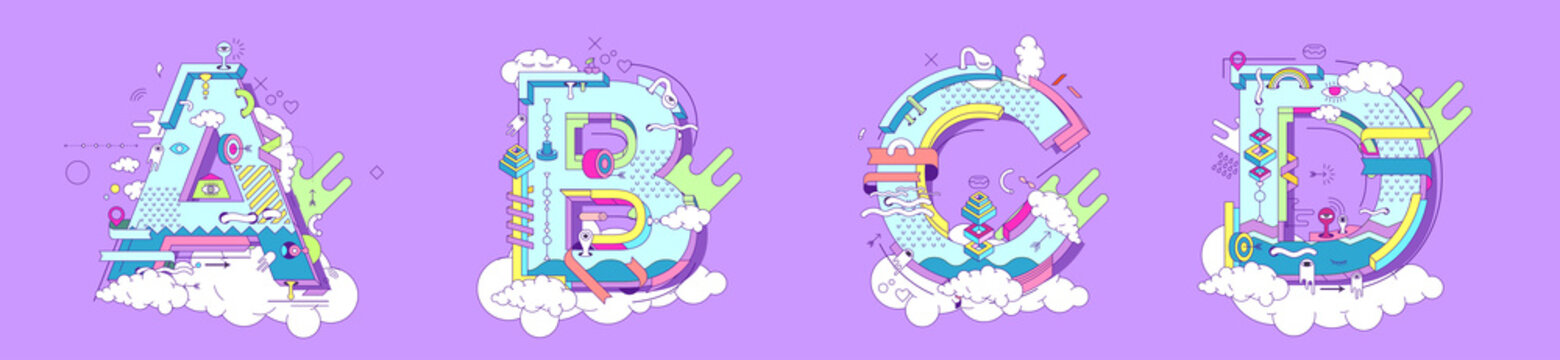 Letters ABCD illustration in doodle style . Flat vector illustration.