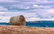 Bale of Hay in Annapolis Valley - Late day in August a bale of hale lays on a hill in an agricultural field in the Annapolis Valley area of  Nova Scotia, Canada.