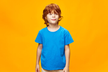 Sticker - Smiling boy looking ahead is plotting something in blue t-shirt cropped view 