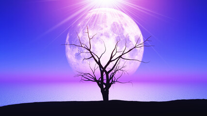 Wall Mural - 3d old gnarly tree against a moonlit landscape